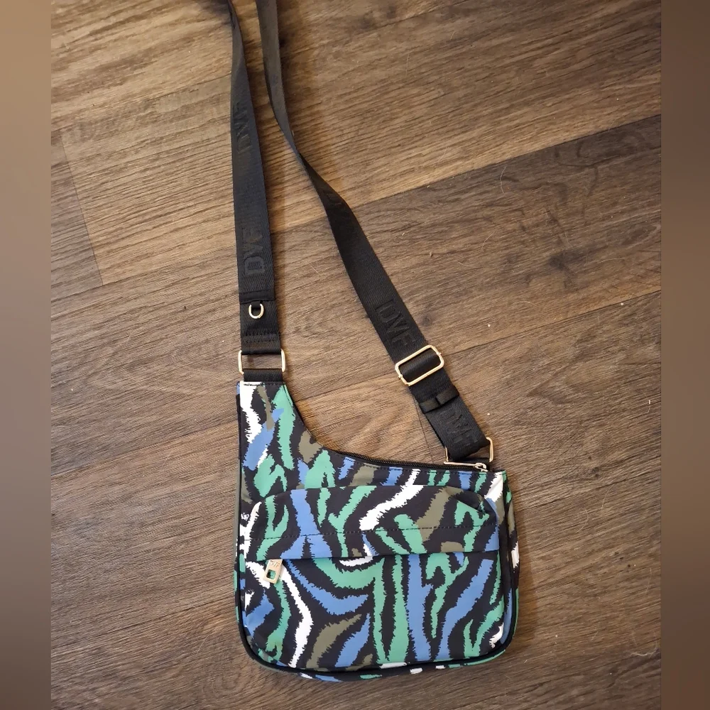 New Diane Von Furstenberg DVF Disco Zebra Green Utility Crossbody Bag.